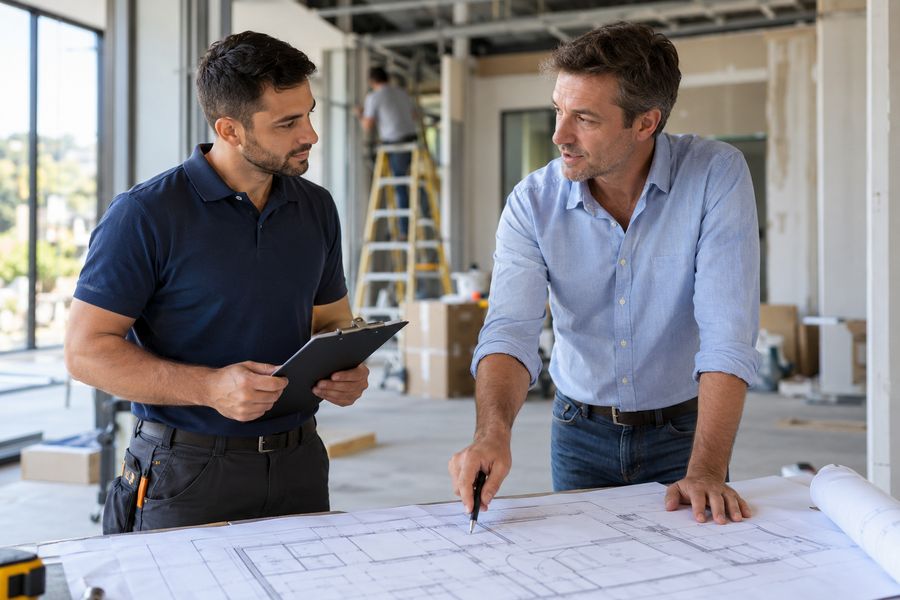 Cliente aponta na planta do projeto um acréscimo que não estava combinado, e o técnico de instalação escuta