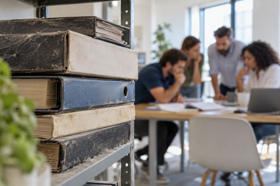 Pilha de manuais esquecida na prateleira e, ao fundo, uma equipe confusa em volta da mesa