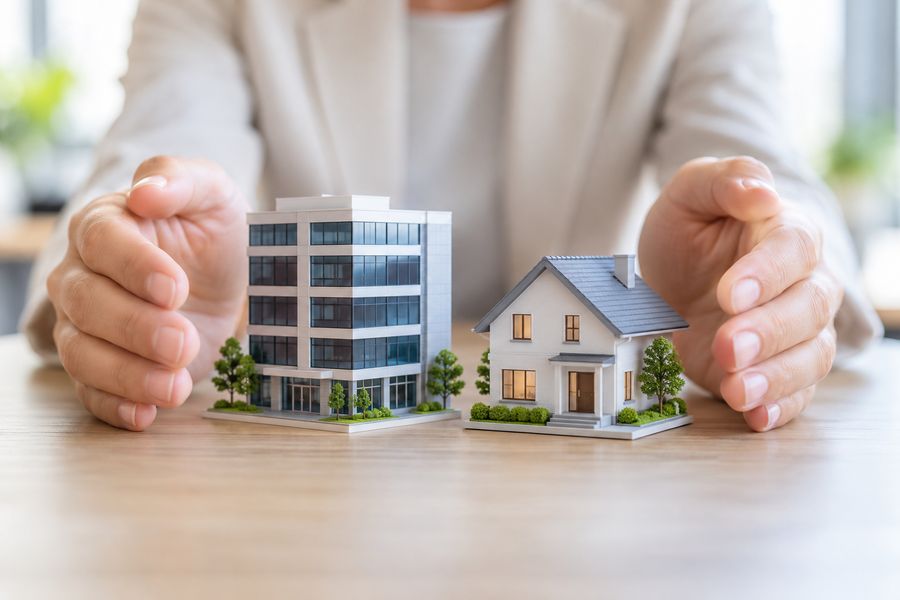 Mãos em concha protegem a maquete de um prédio comercial e de uma casa