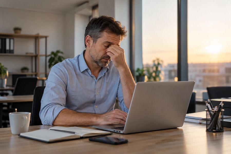 Empresário cansado esfrega os olhos diante do notebook, sozinho no escritório