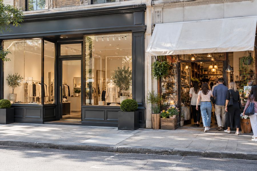 Duas lojas vizinhas: uma elegante e vazia, a outra mais simples e cheia de clientes