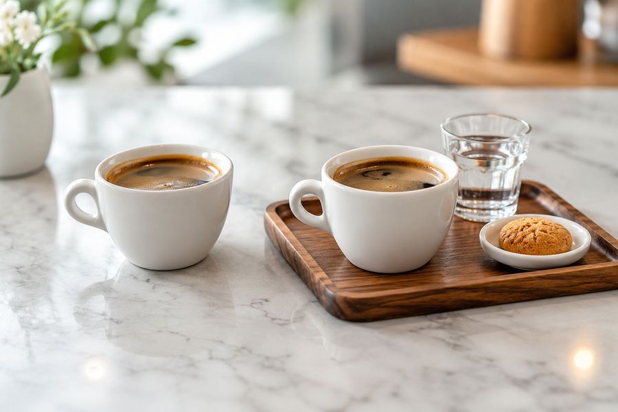 Duas xícaras de café iguais, uma servida de forma simples e a outra apresentada com capricho